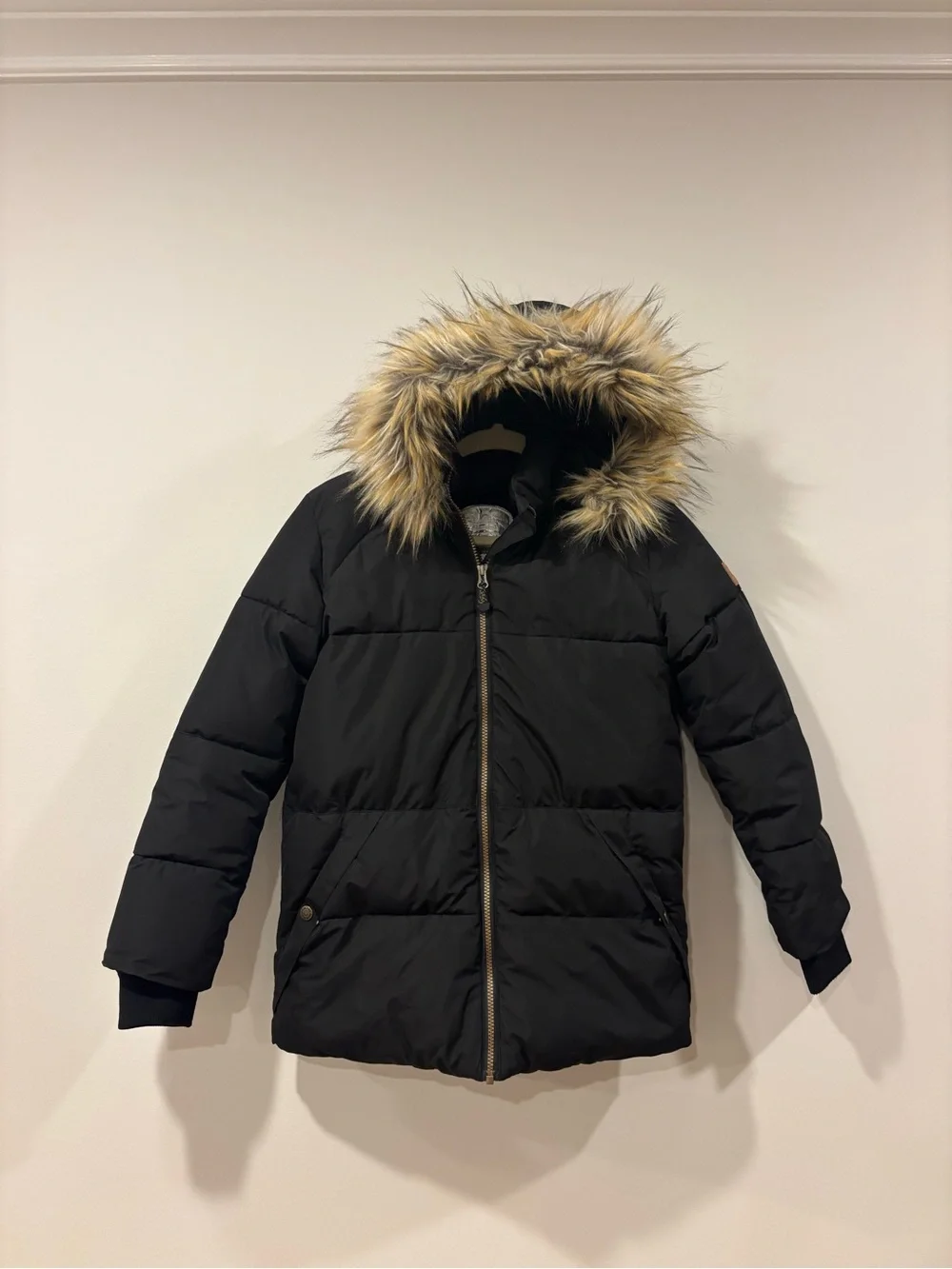 Deux par Deux Black Puffer Winter Jacket Coat Fleece Lined Fur Hood Zip Kids 12